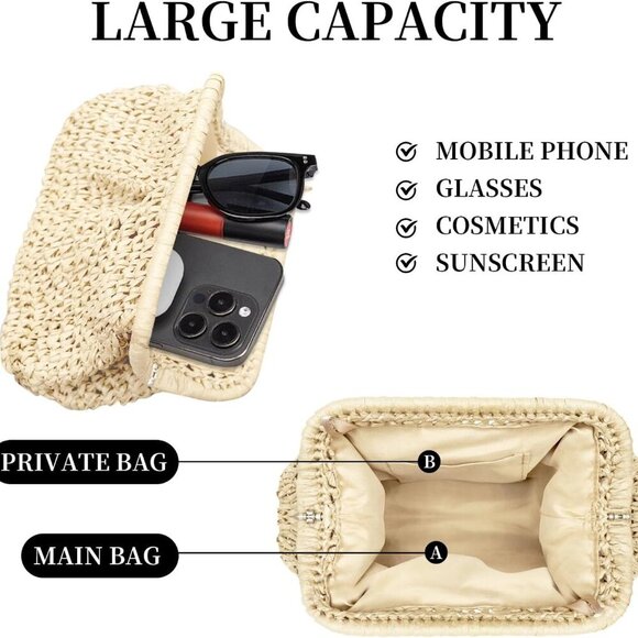 Straw Clutch Purse Woven Beach Handbag Crossbody Bag for Women Small Compact - Picture 4 of 6
